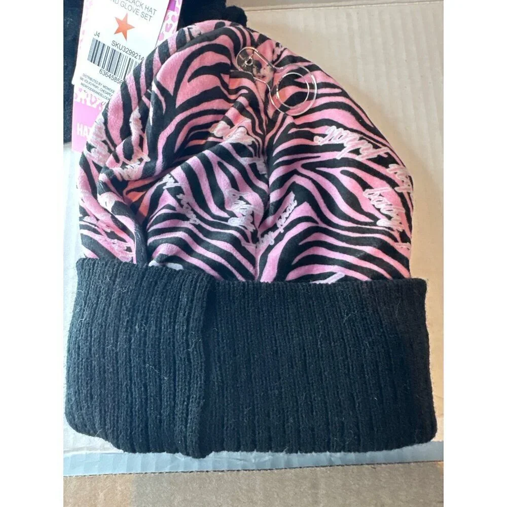 Baby Phat Girls’ Winter Hat & Gloves Set Pink Black Gold Logo Y2K Streetwear NWT